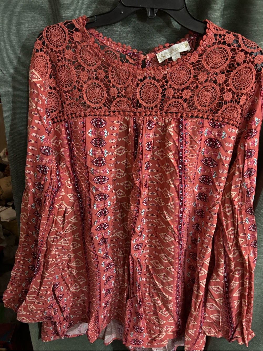 Boho Crochet-Yoke Blouse in Rust